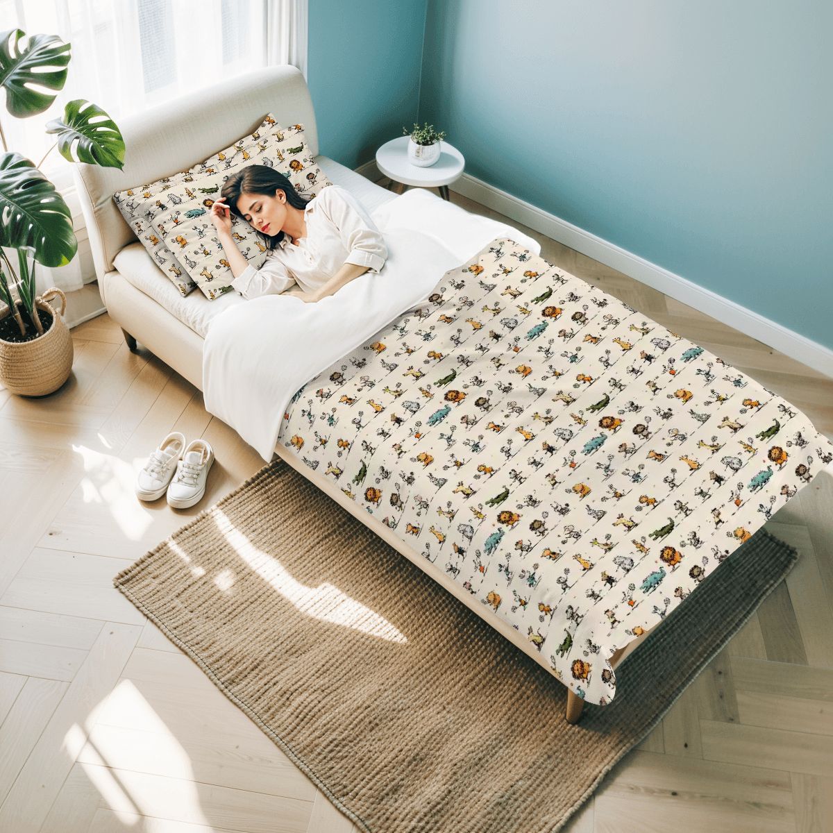 Twin Duvet Cover Set 68"x86" animals playing tennis final pattern